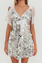 Paillette Sequin Deep V-Neck Sheer Tulle Shoulder Bow Mini Dress