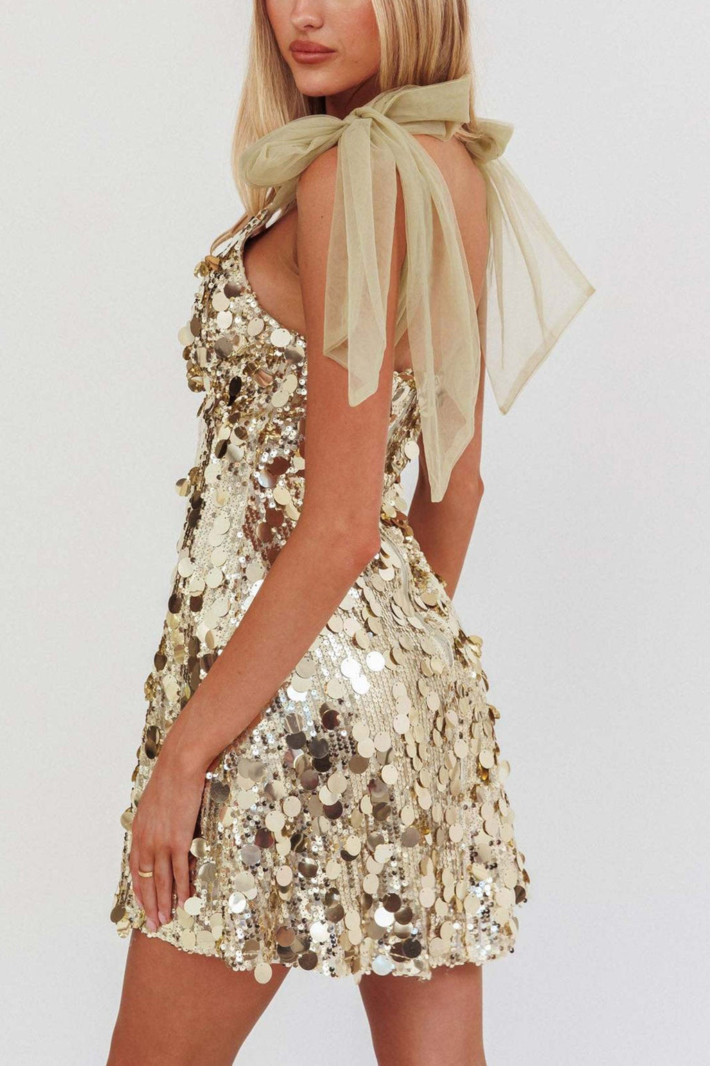 Paillette Sequin Deep V-Neck Sheer Tulle Shoulder Bow Mini Dress