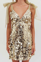 Paillette Sequin Deep V-Neck Sheer Tulle Shoulder Bow Mini Dress