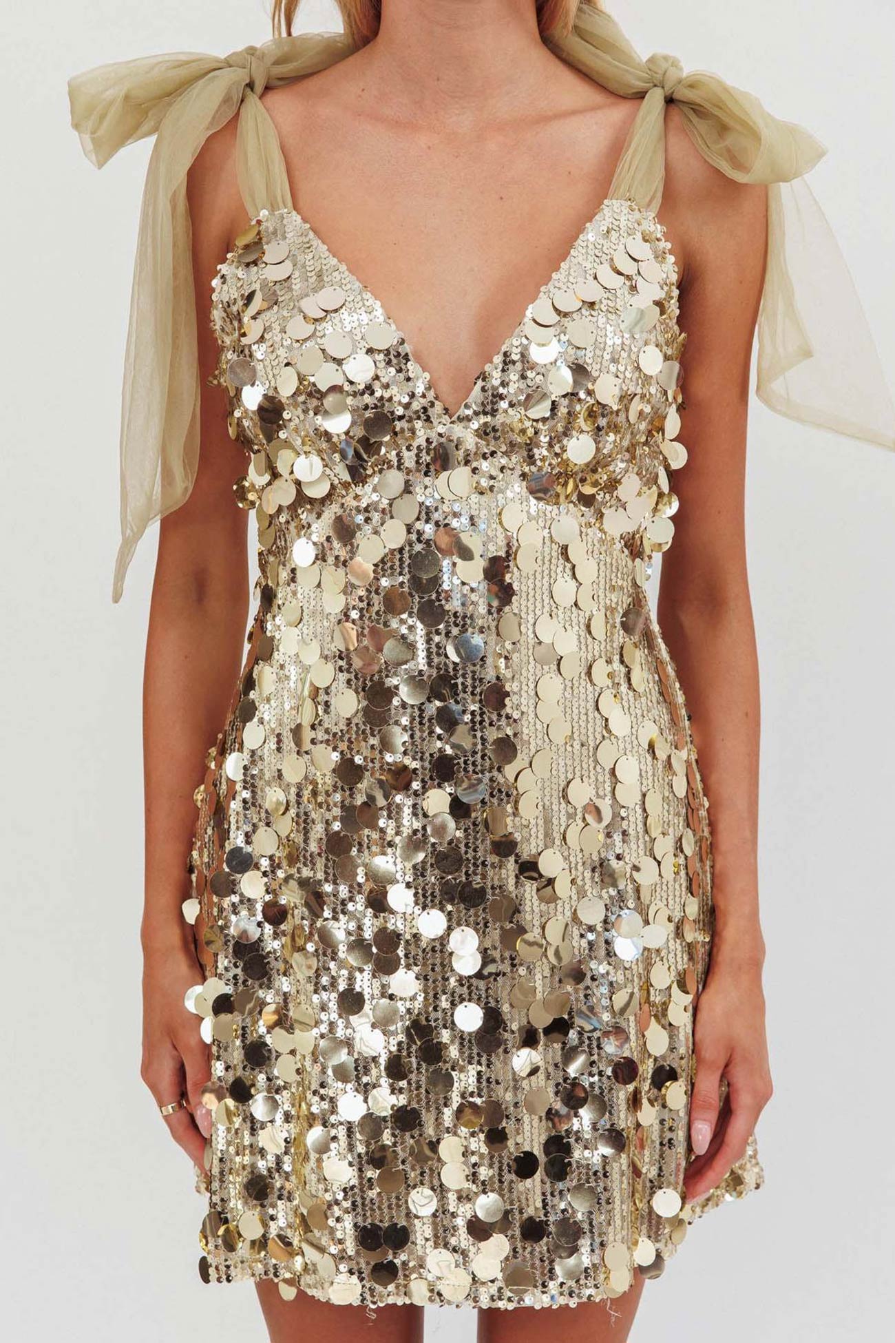 Paillette Sequin Deep V-Neck Sheer Tulle Shoulder Bow Mini Dress