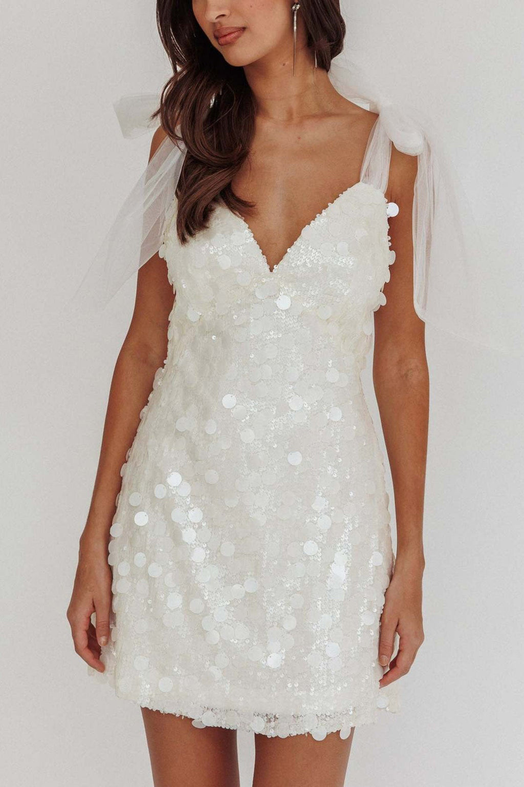 Paillette Sequin Deep V-Neck Sheer Tulle Shoulder Bow Mini Dress