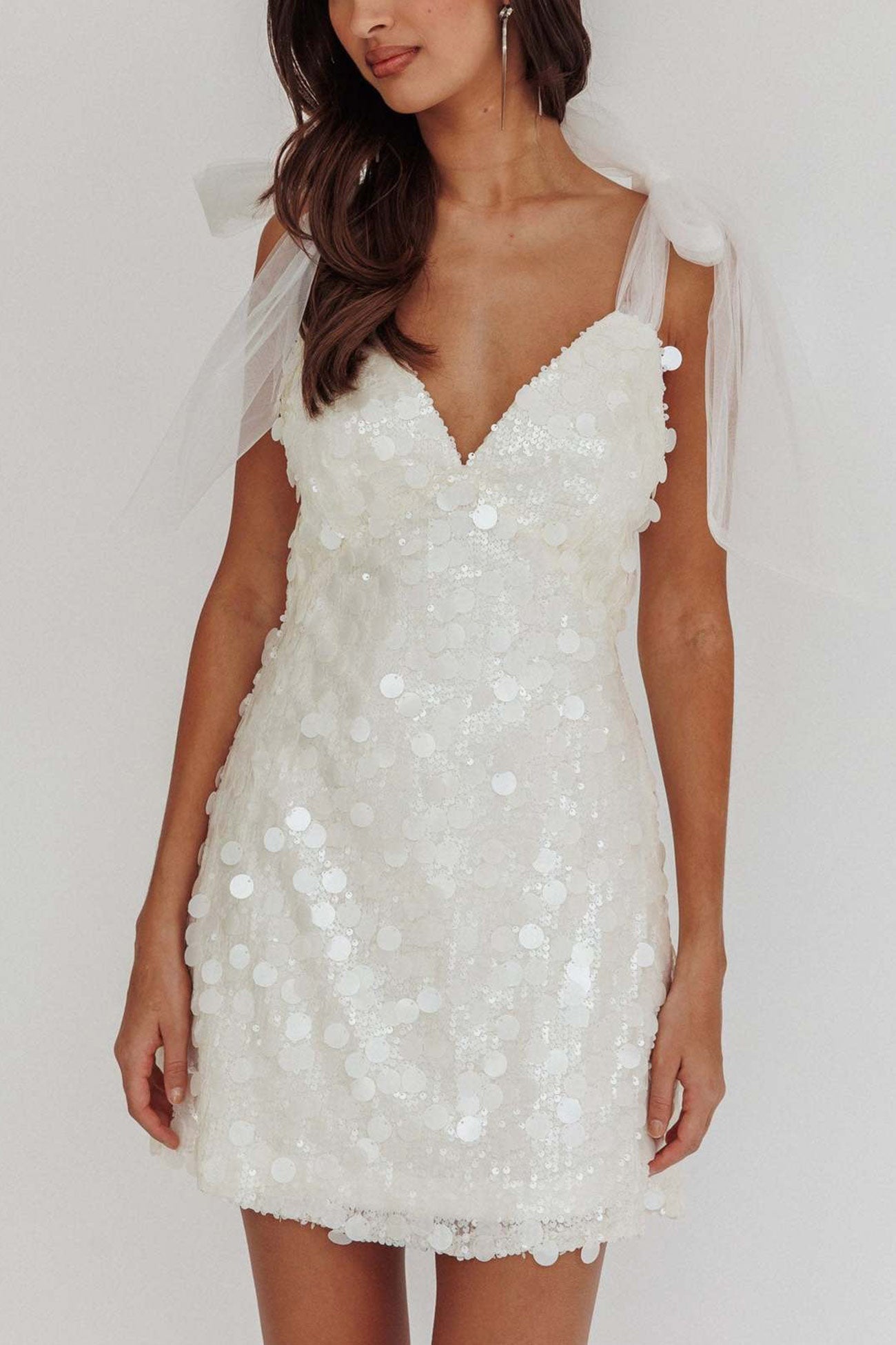 Paillette Sequin Deep V-Neck Sheer Tulle Shoulder Bow Mini Dress