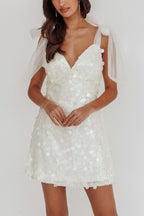 Paillette Sequin Deep V-Neck Sheer Tulle Shoulder Bow Mini Dress