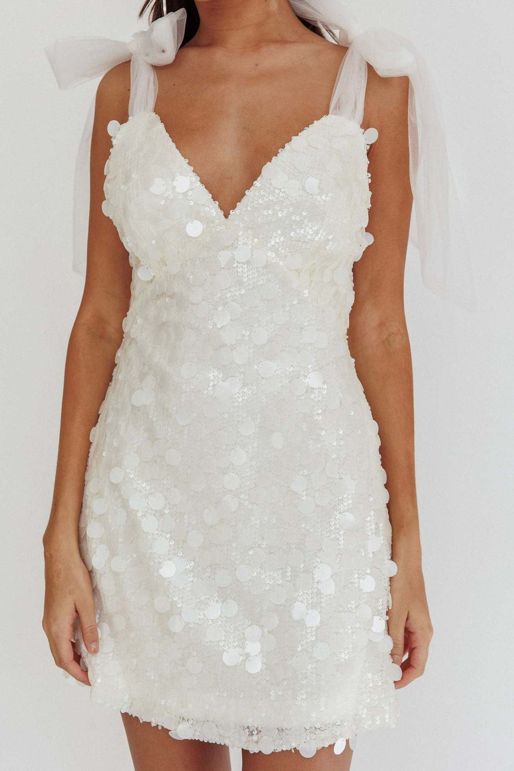 Paillette Sequin Deep V-Neck Sheer Tulle Shoulder Bow Mini Dress