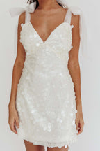 Paillette Sequin Deep V-Neck Sheer Tulle Shoulder Bow Mini Dress