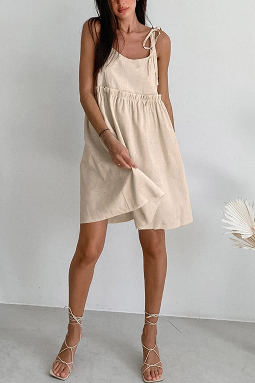 Linen Tie Shoulder Spaghetti Strap Empire Waist Babydoll Mini Dress