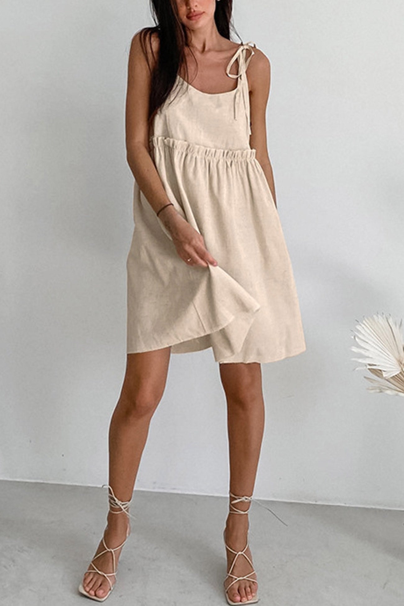 Linen Tie Shoulder Spaghetti Strap Empire Waist Babydoll Mini Dress