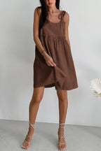 Linen Tie Shoulder Spaghetti Strap Empire Waist Babydoll Mini Dress