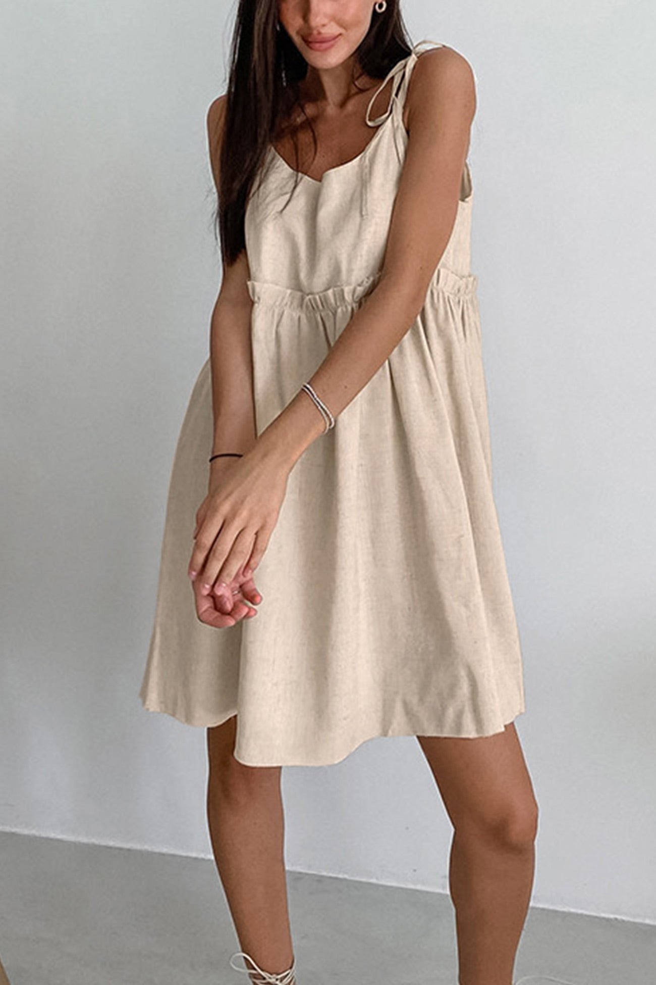 Linen Tie Shoulder Spaghetti Strap Empire Waist Babydoll Mini Dress