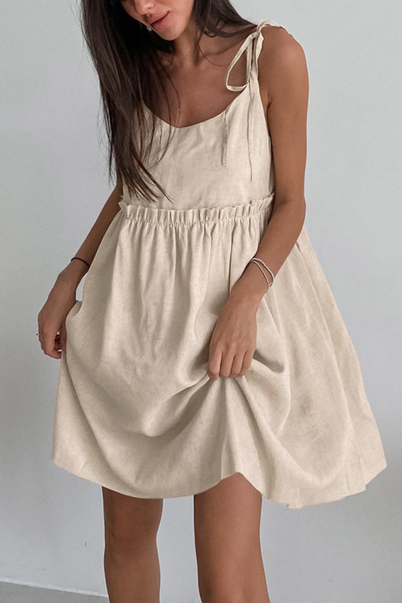 Linen Tie Shoulder Spaghetti Strap Empire Waist Babydoll Mini Dress