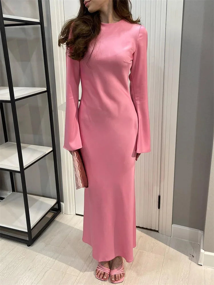 Satin Long Sleeve Bell Cuff Scoop Neck Column Maxi Gown