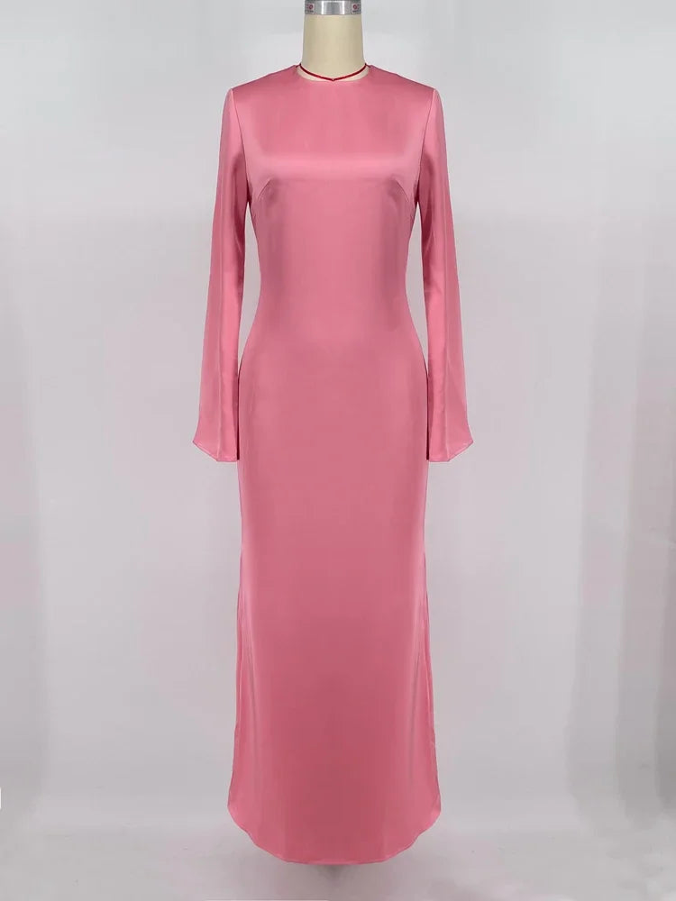 Satin Long Sleeve Bell Cuff Scoop Neck Column Maxi Gown