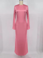 Satin Long Sleeve Bell Cuff Scoop Neck Column Maxi Gown