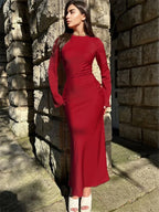 Satin Long Sleeve Bell Cuff Scoop Neck Column Maxi Gown