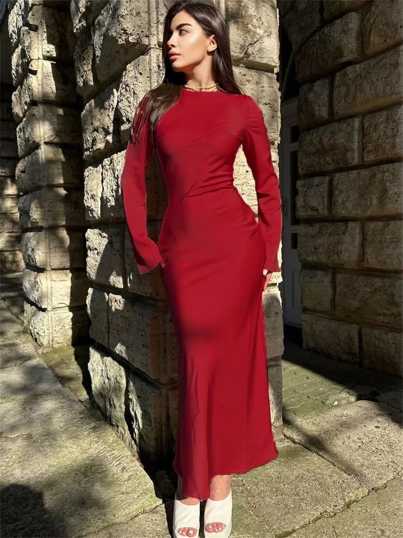 Satin Long Sleeve Bell Cuff Scoop Neck Column Maxi Gown