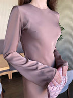 Satin Long Sleeve Bell Cuff Scoop Neck Column Maxi Gown