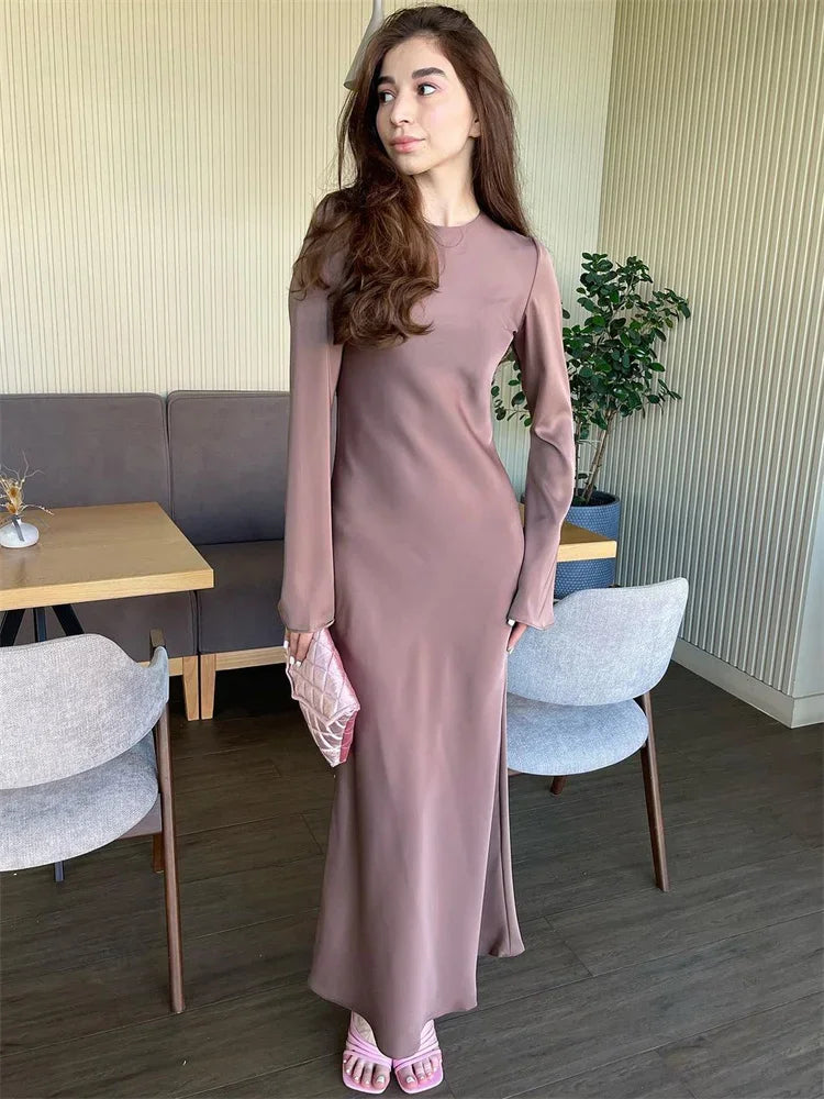 Satin Long Sleeve Bell Cuff Scoop Neck Column Maxi Gown
