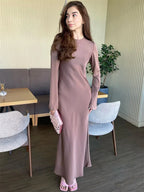 Satin Long Sleeve Bell Cuff Scoop Neck Column Maxi Gown
