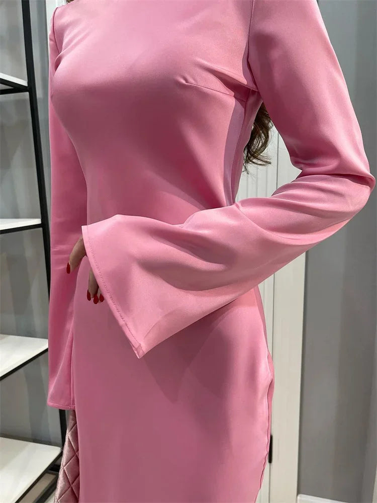Satin Long Sleeve Bell Cuff Scoop Neck Column Maxi Gown