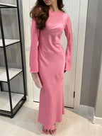 Satin Long Sleeve Bell Cuff Scoop Neck Column Maxi Gown