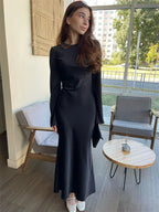Satin Long Sleeve Bell Cuff Scoop Neck Column Maxi Gown