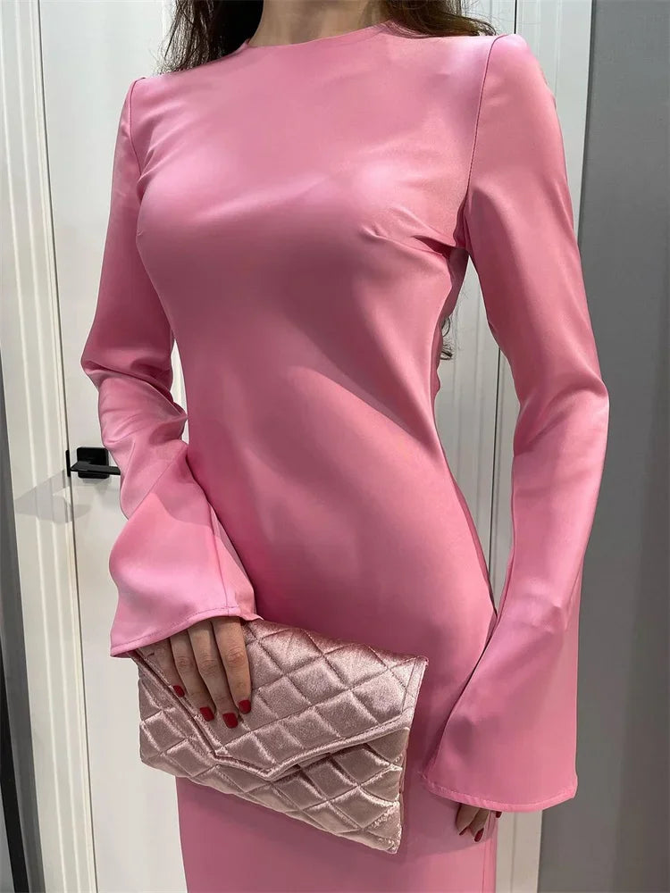 Satin Long Sleeve Bell Cuff Scoop Neck Column Maxi Gown