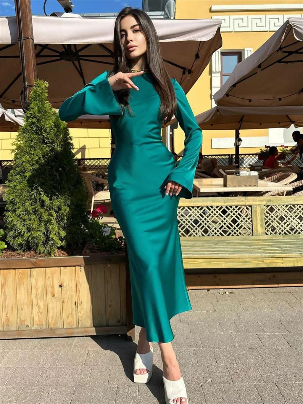 Satin Long Sleeve Bell Cuff Scoop Neck Column Maxi Gown