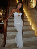 Strapless Ring Cutout Sheer Mesh Paneled Bodycon Maxi Dress