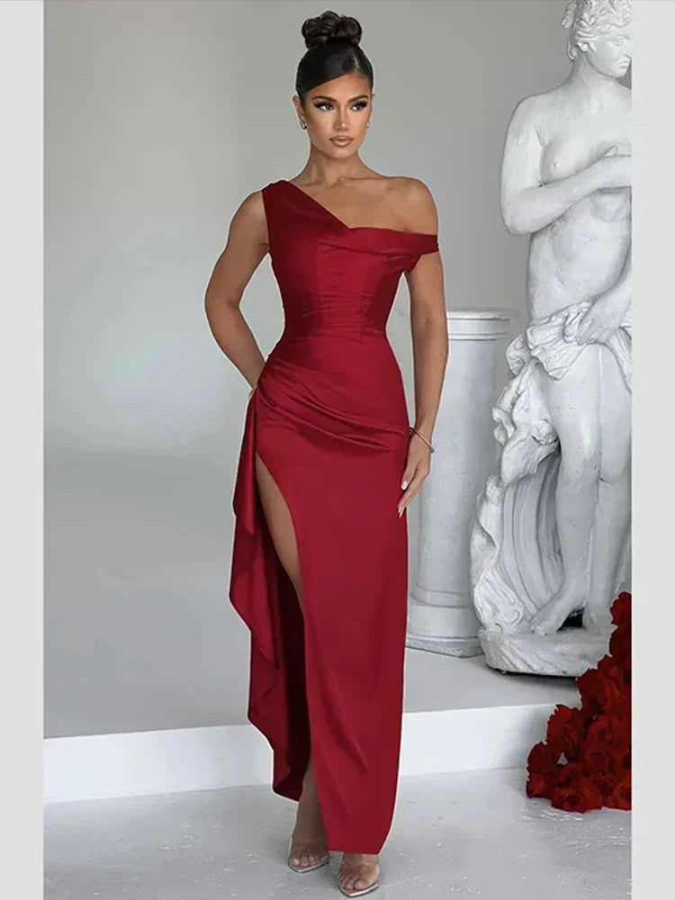 Satin One Shoulder Ruched High Split Ruffle Side Maxi Gown