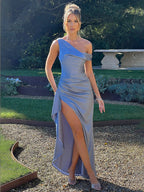 Satin One Shoulder Ruched High Split Ruffle Side Maxi Gown