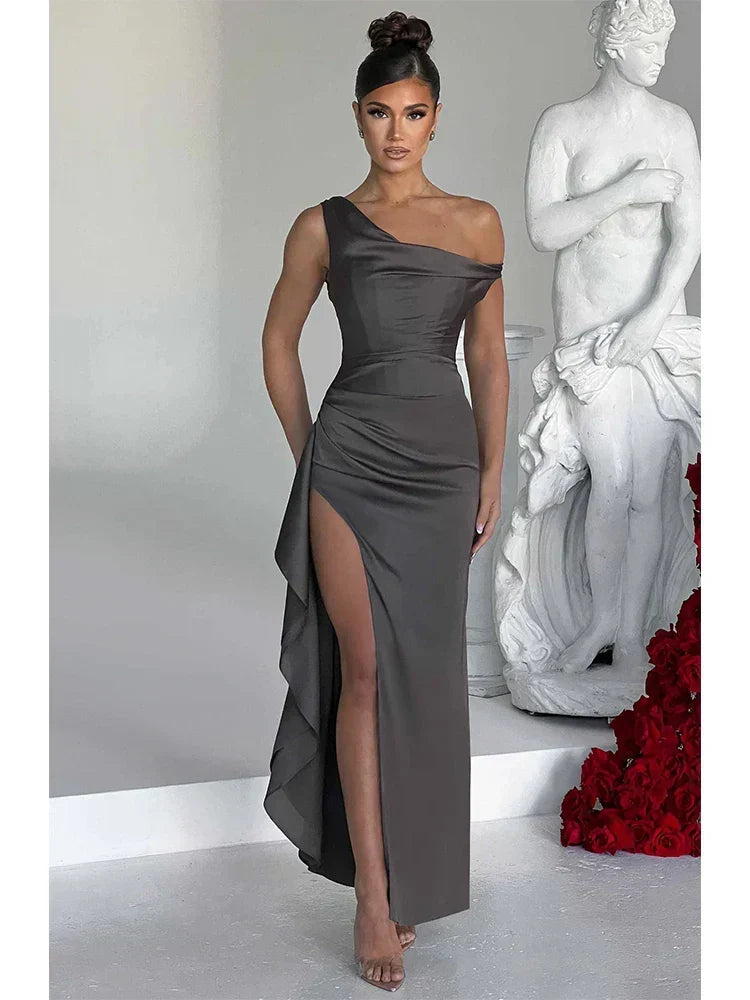 Satin One Shoulder Ruched High Split Ruffle Side Maxi Gown