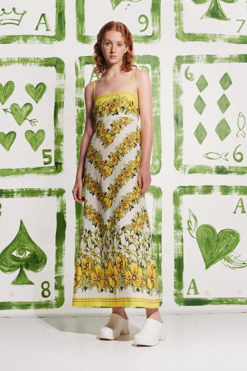 Wilhelmina Elevated Yellow Spaghetti Strap Maxi Dress with Floral Print Statement Occasion Edit