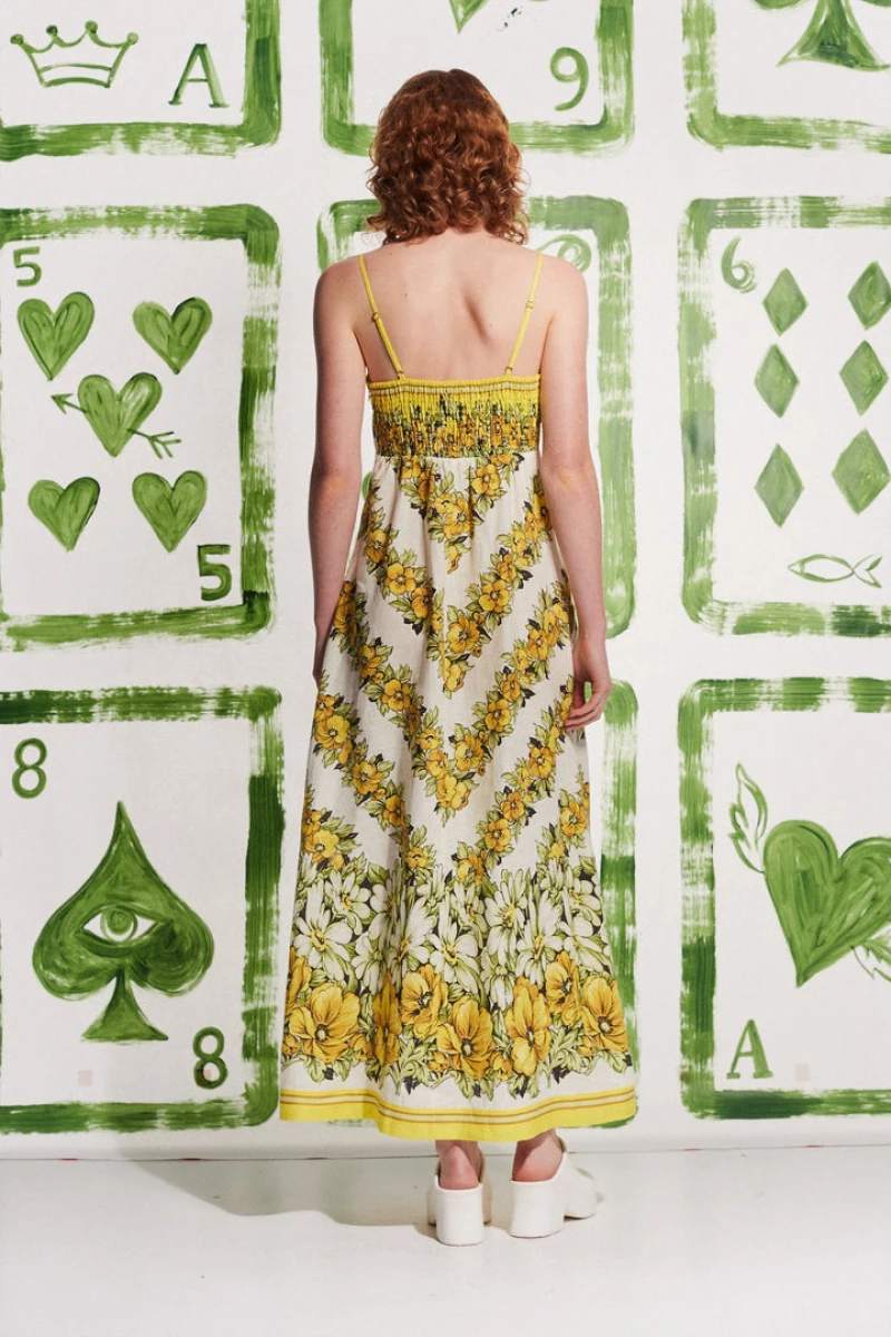 Wilhelmina Elevated Yellow Spaghetti Strap Maxi Dress with Floral Print Statement Occasion Edit