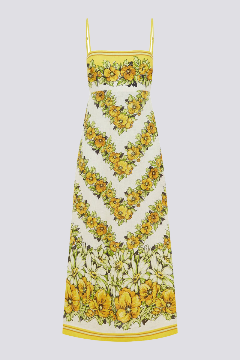 Wilhelmina Elevated Yellow Spaghetti Strap Maxi Dress with Floral Print Statement Occasion Edit