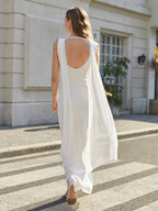 U-Neck Backless Side Ribbon Trim Ruched Mesh Dress