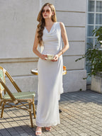 U-Neck Backless Side Ribbon Trim Ruched Mesh Dress