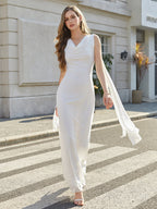 U-Neck Backless Side Ribbon Trim Ruched Mesh Dress
