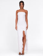 Strapless Floral Paisley Print High Slit Ruffle Trim Tube Maxi Dress