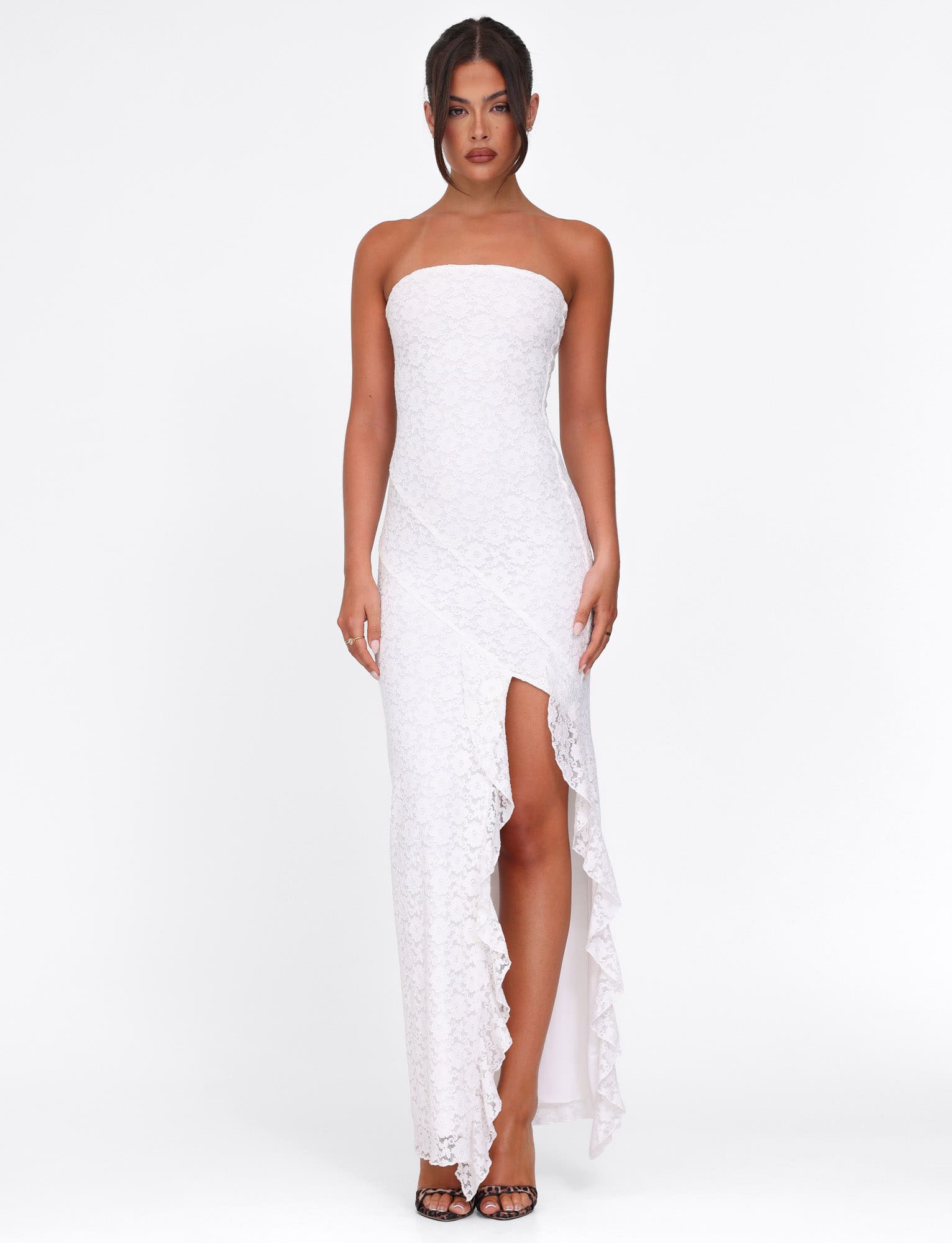 Strapless Floral Paisley Print High Slit Ruffle Trim Tube Maxi Dress