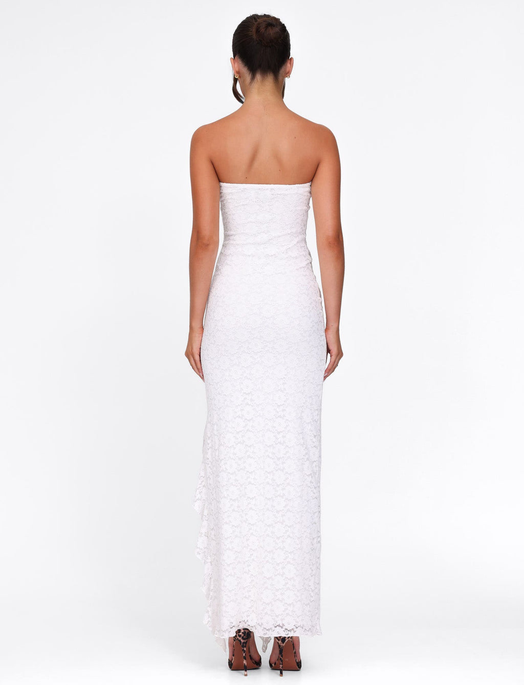 Strapless Floral Paisley Print High Slit Ruffle Trim Tube Maxi Dress