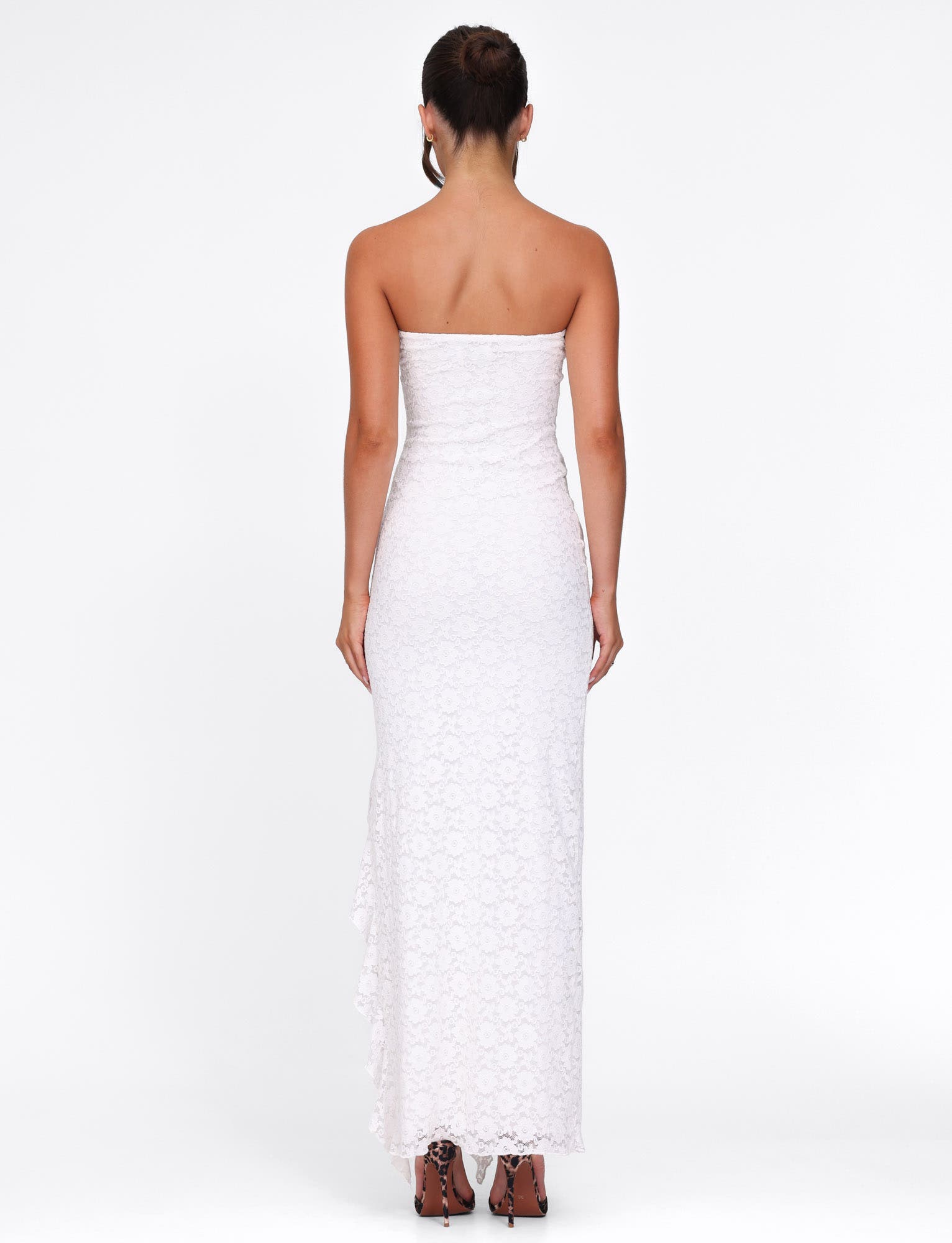 Strapless Floral Paisley Print High Slit Ruffle Trim Tube Maxi Dress
