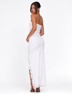 Strapless Floral Paisley Print High Slit Ruffle Trim Tube Maxi Dress