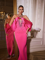 Halter Rhinestone Chain Strap Draped Shoulder Bandage Column Maxi Dress