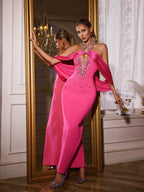Halter Rhinestone Chain Strap Draped Shoulder Bandage Column Maxi Dress
