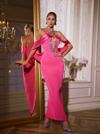 Halter Rhinestone Chain Strap Draped Shoulder Bandage Column Maxi Dress