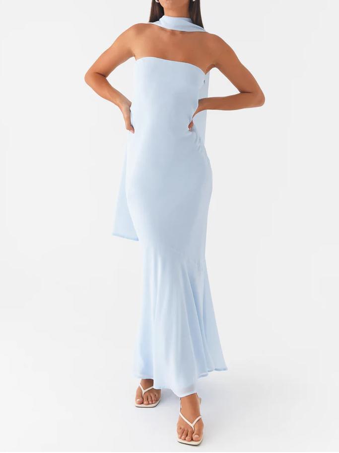 Satin Strapless Choker Neck Mermaid Maxi Gown