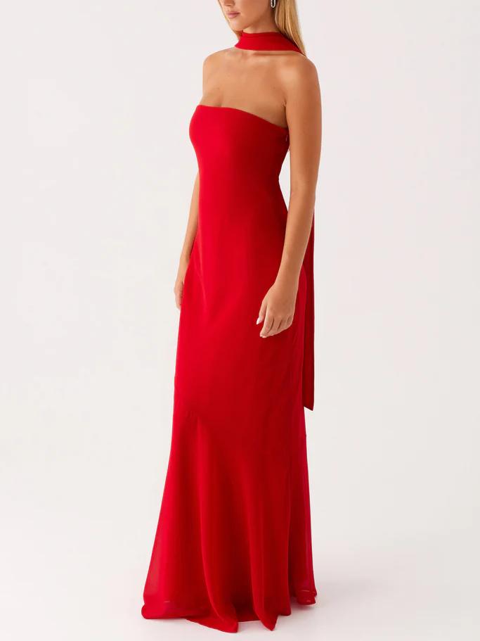 Satin Strapless Choker Neck Mermaid Maxi Gown