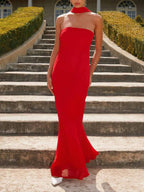 Satin Strapless Choker Neck Mermaid Maxi Gown