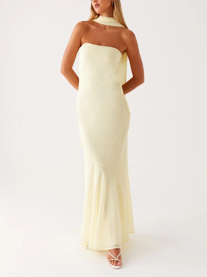 Satin Strapless Choker Neck Mermaid Maxi Gown