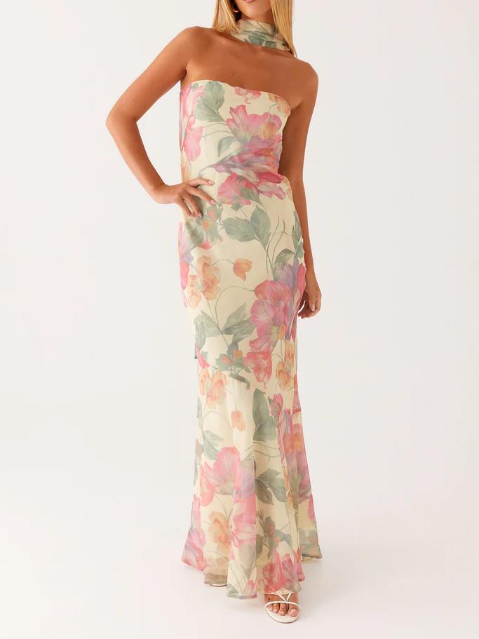Satin Strapless Choker Neck Mermaid Maxi Gown